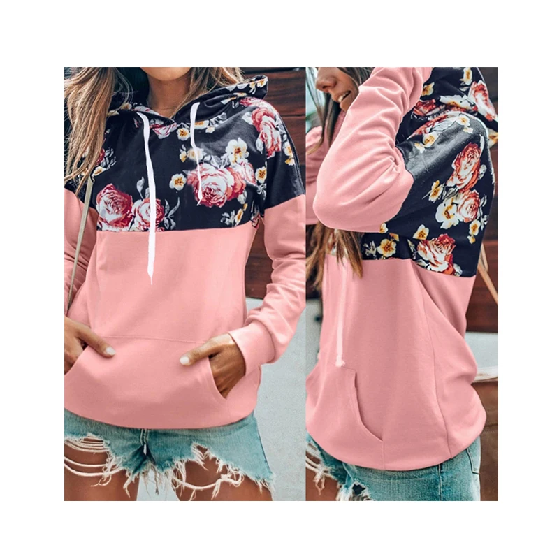 

Cl-0491 Autumn Trendy Printing Floral Patter Two Tone Crop Top Hoodie Bottoming Shirt Women Fitness Satin Lined Hoodie Sweatsuit