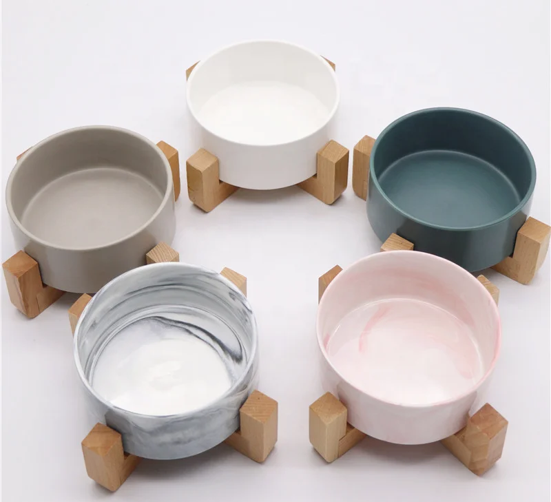 

Wholesale pet food bowl non slip ceramic pet bowl with wooden stand