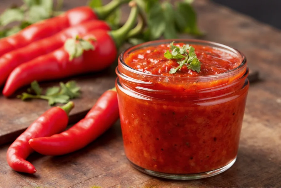 Traditional Turkish red pepper paste in glass jar with fresh peppers and olive oil