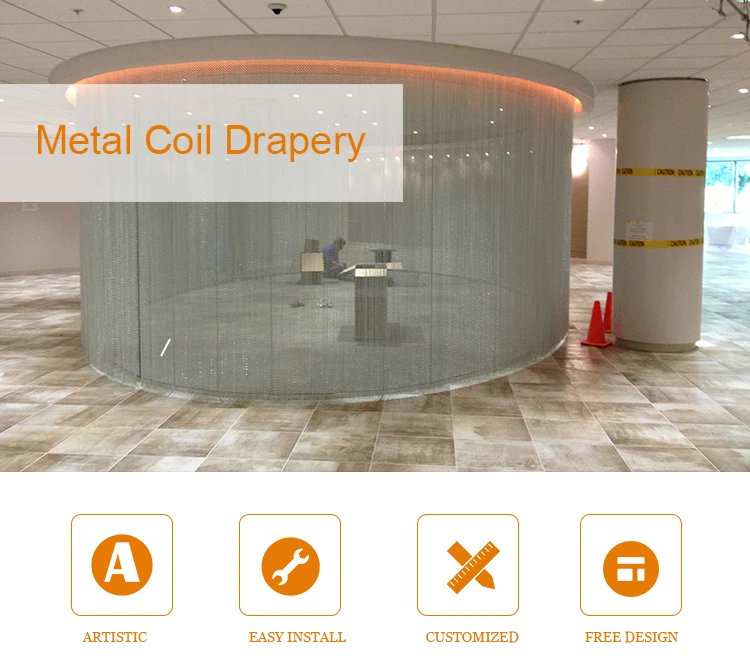 Metal coil drapery cascade fire screen for fireplace