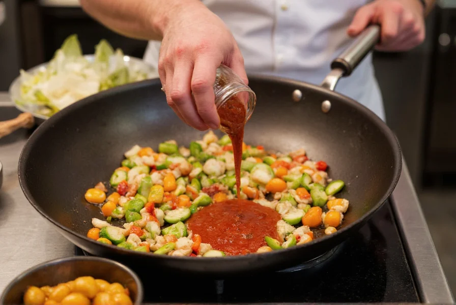 Chef adding pepper sauce to a sizzling skillet of vegetables