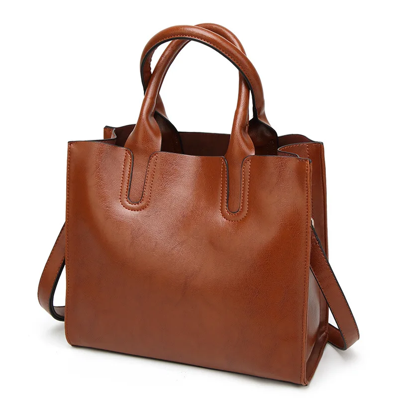 

2021 Fashion female bag oil wax tote bag fashion and simple large bag single shoulder cross-body