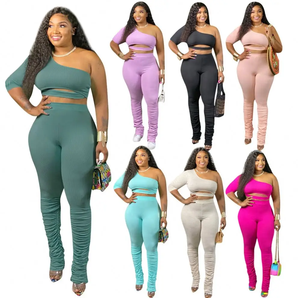 

2021 New Arrivals Women Solid One Shoulder Wrap Chest Crop Pleated Stacked Pants Jogger Set 2 Piece Sets, Picture color