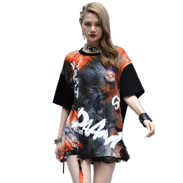 

Summer girl T-shirt new loose casual tassel patchwork letters short-sleeved thin orange street style top trend