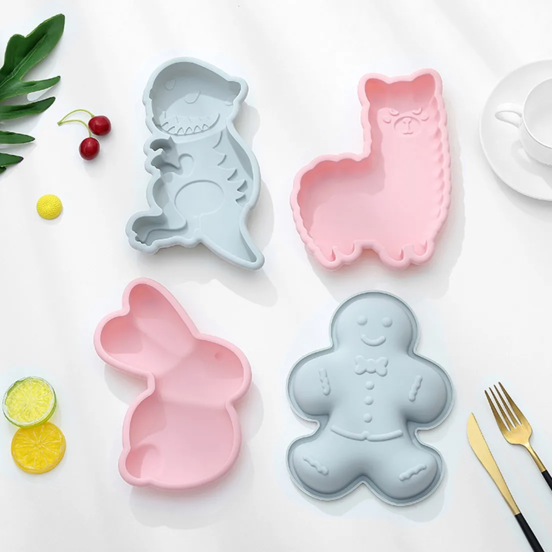 

DIY 3D Cartoon Animal Large Rabbit Dinosaur Alpaca Gingerbread Man Chiffon Pan Muffin Mould Silicone Cake Baking Mold, Pink, nordic blue