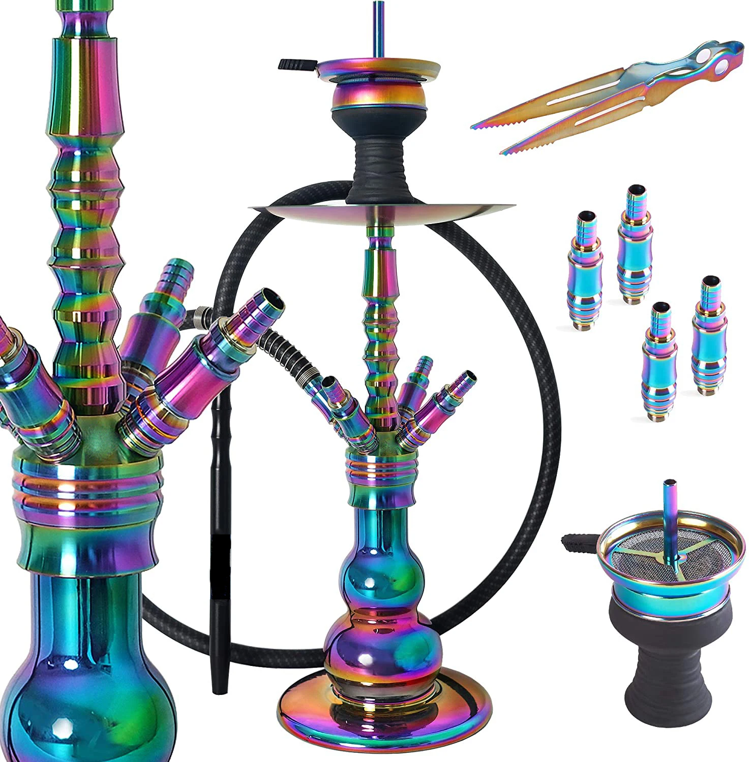 

Wholesale Rainbo w Tobacco 4 Connections Chicha Shisha Large Stainless Steel Shisha Hookah, Color mix