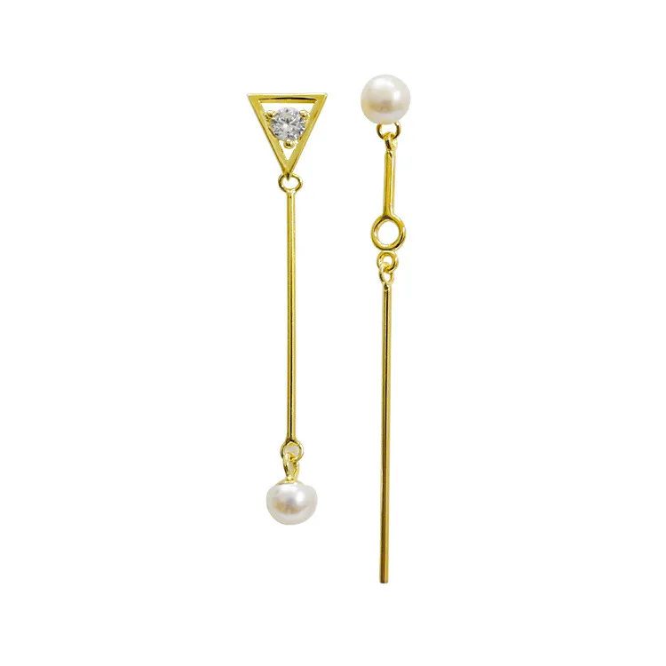 

Korean Unique Real Gold Plated 925 Sterling Silver Long Chain Link Pearl Dangle Drop Earrings Jewelry