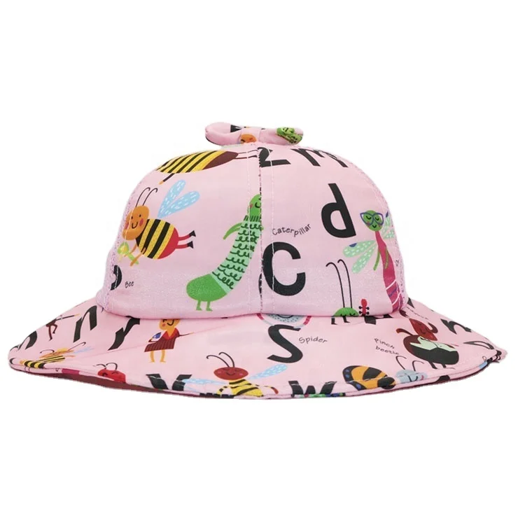 

Wholesale Children's bow printed bucket net cap, Custom Childlike kids bucket hat, girls pink printing fisher hats