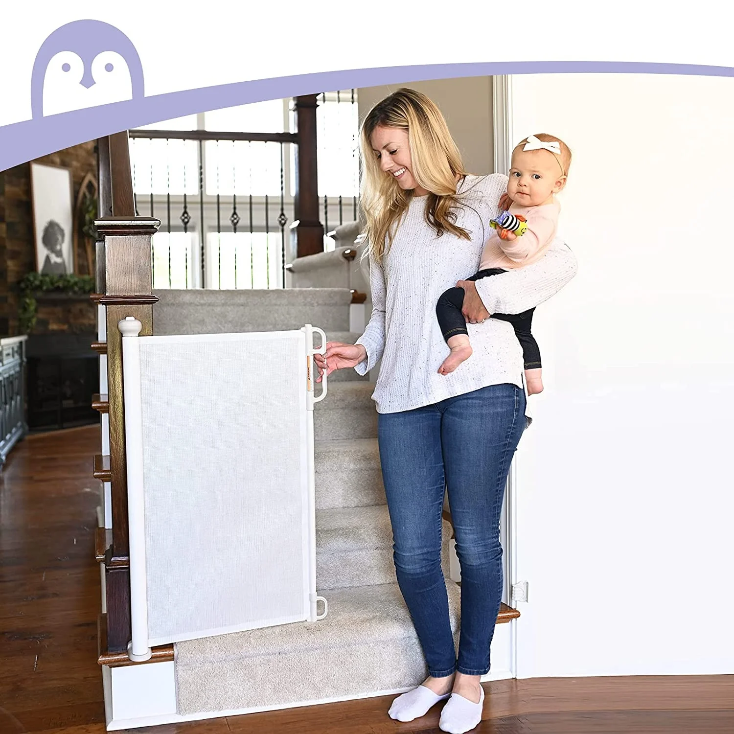 

Retractable Baby Gate, Mesh Dog Gate Safety Barrier for Kids or Pets,34" Tall, Extends up to 55" Wide, White black grey