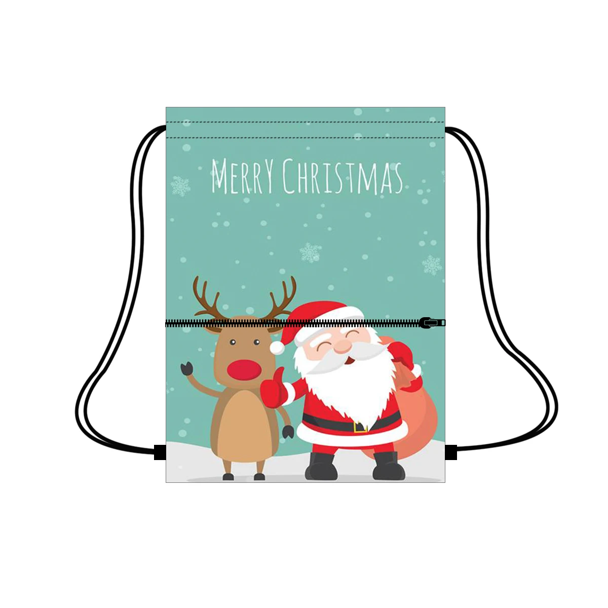 

Santa Claus and elk design printing custom washable reusable drawstring party bag with zipper pocket gift bag, Customized