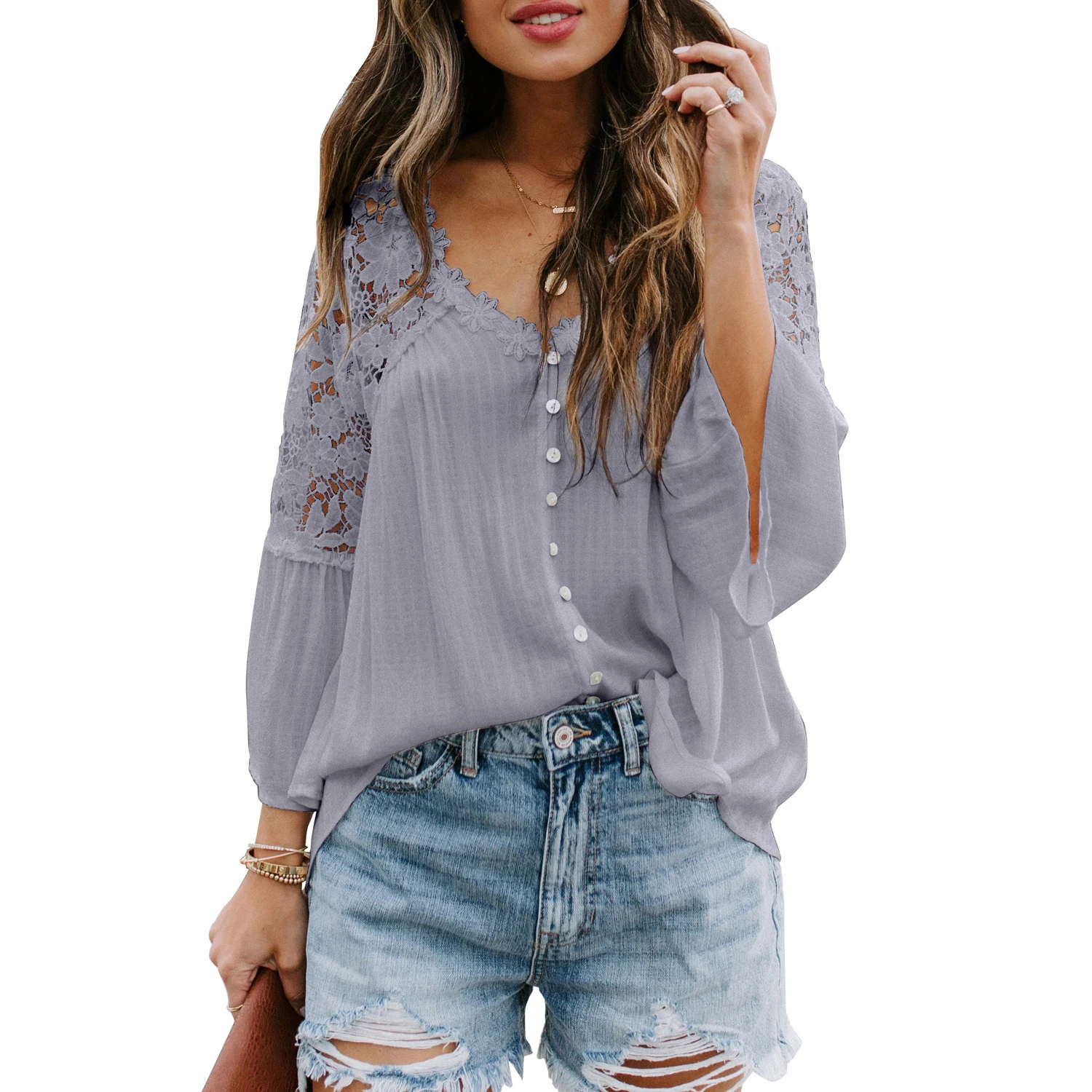 

New Arrival 3/4 Bell Sleeve Casual Women Crochet Lace Front Button Blouse, White, black, gray, green