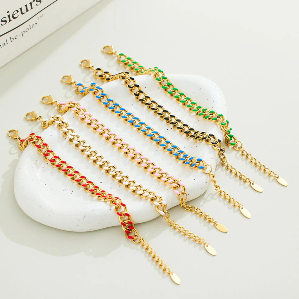 

Waterproof Jewelry Boho Design Statement Stainless Steel Colorful Enamel Bracelet 18K Gold Plated Cuban Link Chain Bracelet