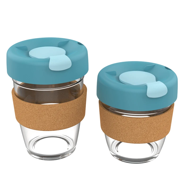 

Borosilicate Eco-Friendly Reusable To Go Take Away Glass Cup Coffee Mug With Silicone Cover Lid Cork Cover Reusable
