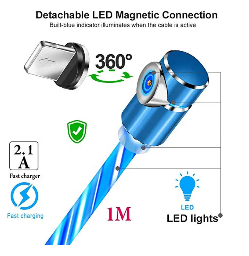 ZICAS Cheap Price For Apple Flowing Light LED Magnetic Charging Cable Mobile Magnet USB Cable Streamer Phone Charger - ANKUX.COM
