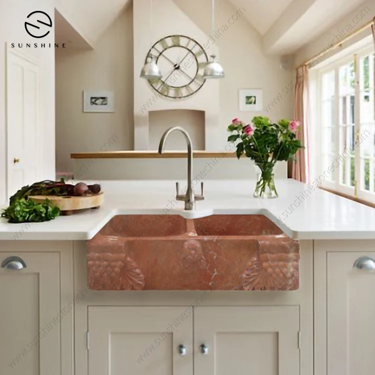 Factory Direct Price Rojo Alicante Red Marble Stone Double Bowl Kitchen Sink