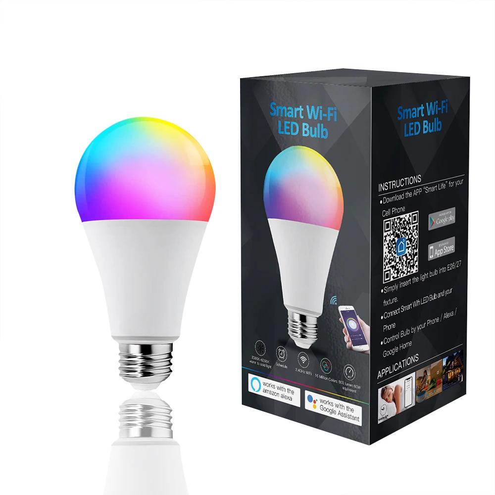 E26/E27 Base 9W Bulb Smart Led Bulb WIFI LED Light RGB Multicolor Dimmable Bulb Compatible with Google Home & Alexa