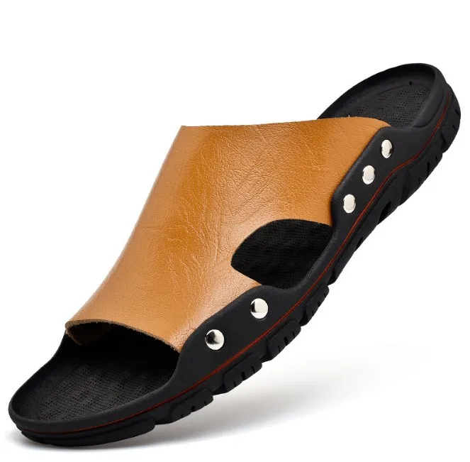 

High Quality Synthetic Leather Men's sandal beach slippers rubber flip flop, Yellow brown,red brown,dark brown,black