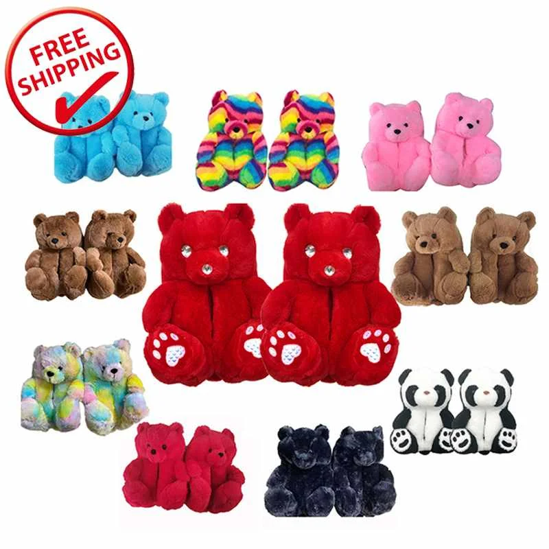 

2021 Hot Sale Customizable Wholesale Soft Anti-slip Cartoon Womens Kids Rainbow Plush Teddy Bear House Slippers, Light brown, dark brown, white pink purple