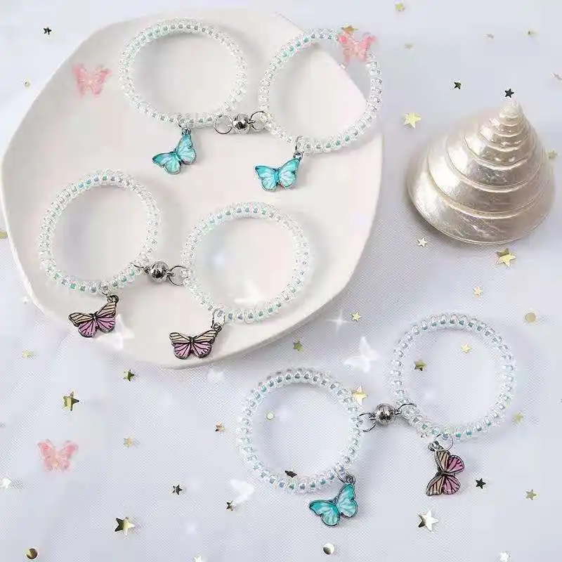

2021 New Korean super Fairy blue purple Butterfly magnet attractive couple Bracelet Set, Silver