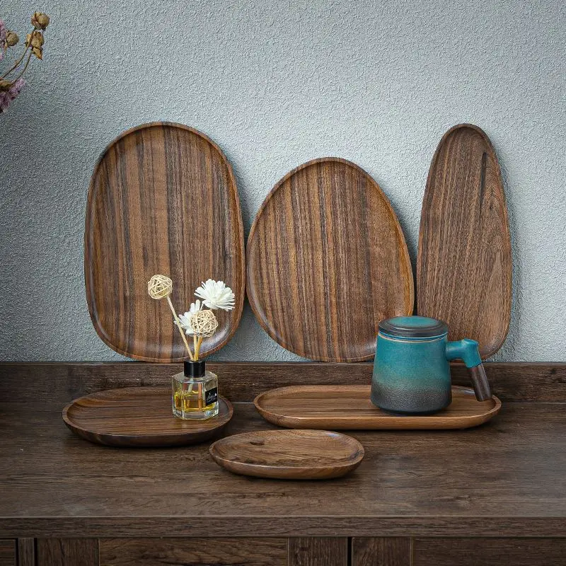 

Black walnut round breakfast wooden tray home creative European western snack plate solid wood tea tray, Wood color