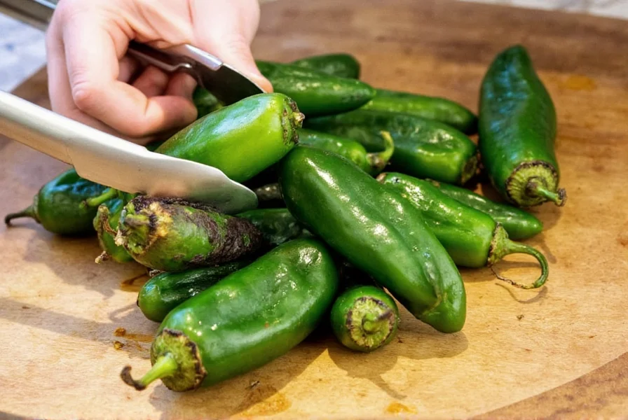 Roasted poblano peppers being peeled with kitchen tongs
