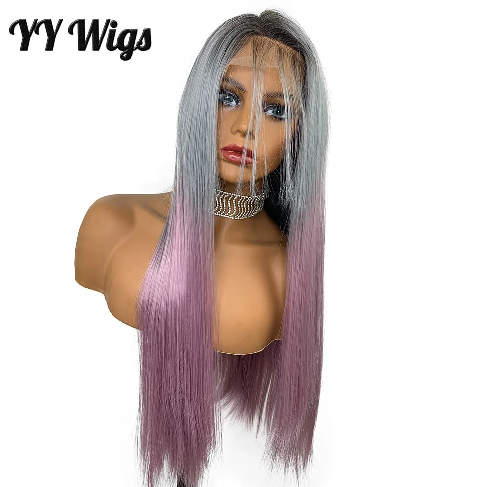 

YY Wigs Full Lace Futura Grey Green Ombre Purple Long Silky Straight Lace Wig
