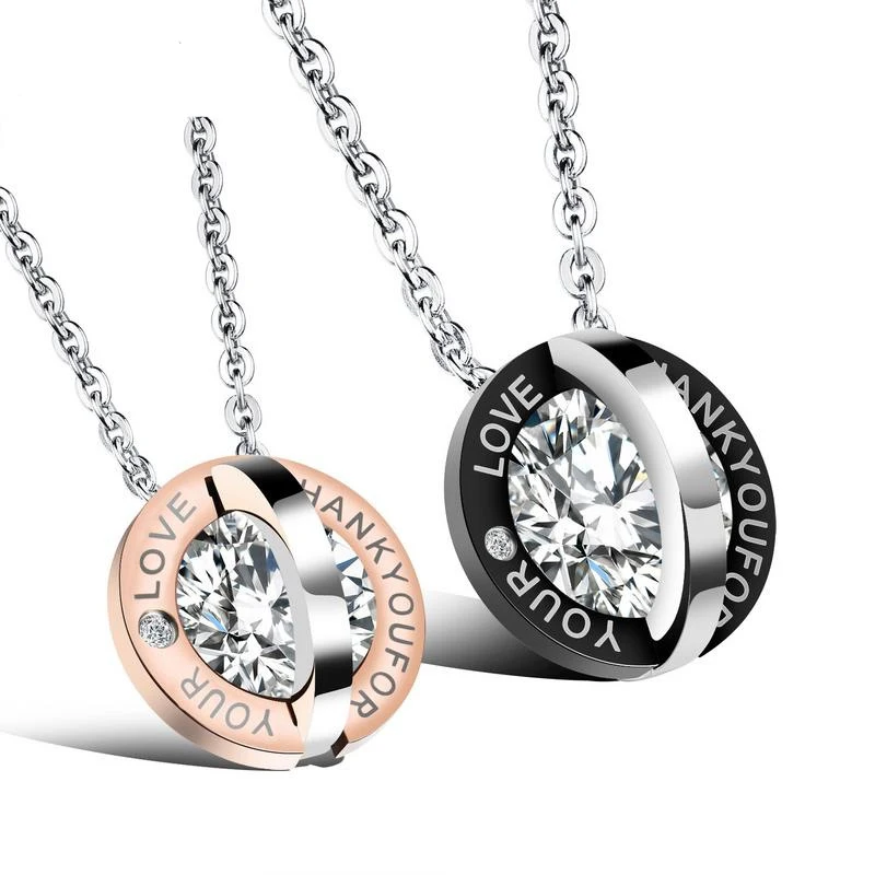 

New Fashion Hot Selling Trinkets Circular Inlaid Diamond Titanium Steel Couple Necklace Exquisite Jewelry, 2colors for choice