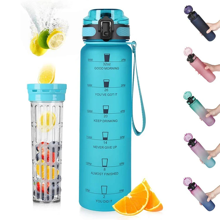 

Amazon 32 OZ 1 Liter Motivational Reusable Water Bottles With Times To Drink BPA Free Frosted Plastic bottle with infuser, Customized color acceptable