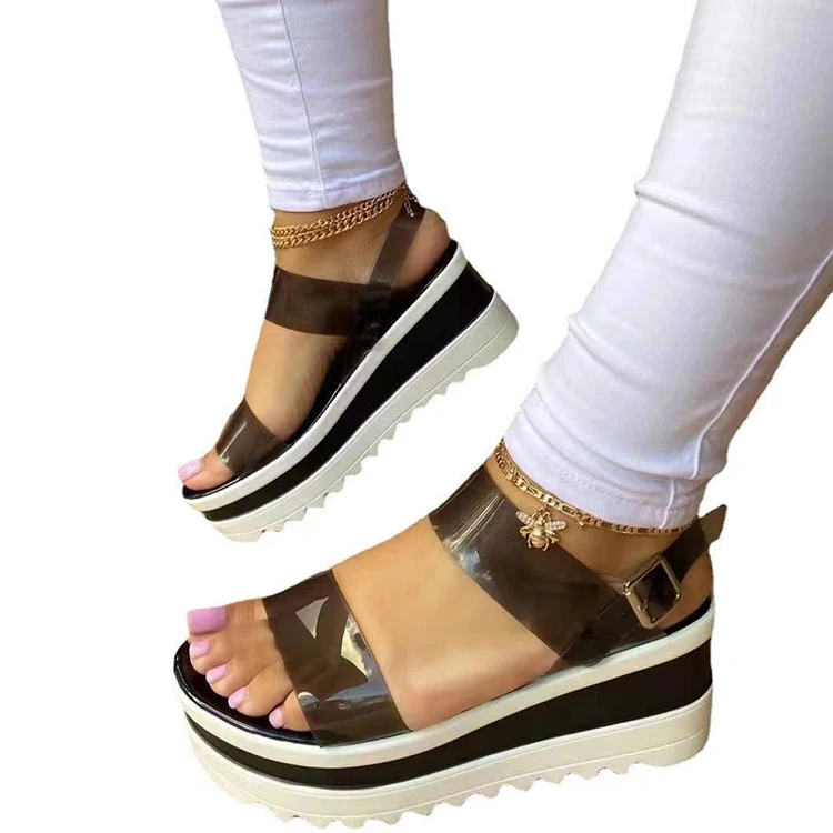 

2021 Thick-soled Mid-heel Buckle Transparent Sandals For Women Plus Size Ladies Beach Sandals