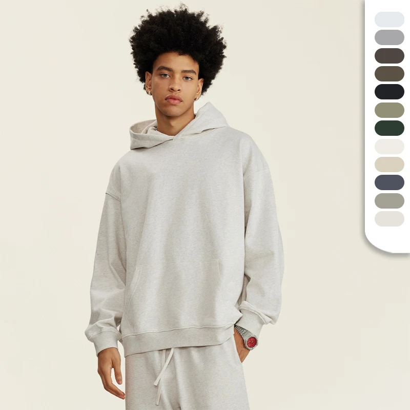 Unisex 445gsm Poly Cotton Blending Pullover Hooded Sweatshirts With Custom Logo Drop Shoulder Heavy Weight Hoodies