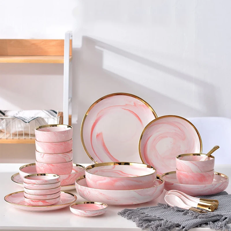 

Wholesale Luxury Pink Marble Restaurant Porcelain Tableware With Gold Rim