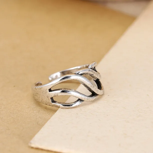 925 Sterling Silver Opening Ring Hollow Out Personality Retro Thai Silver Ring Accessories Wholesale Trend