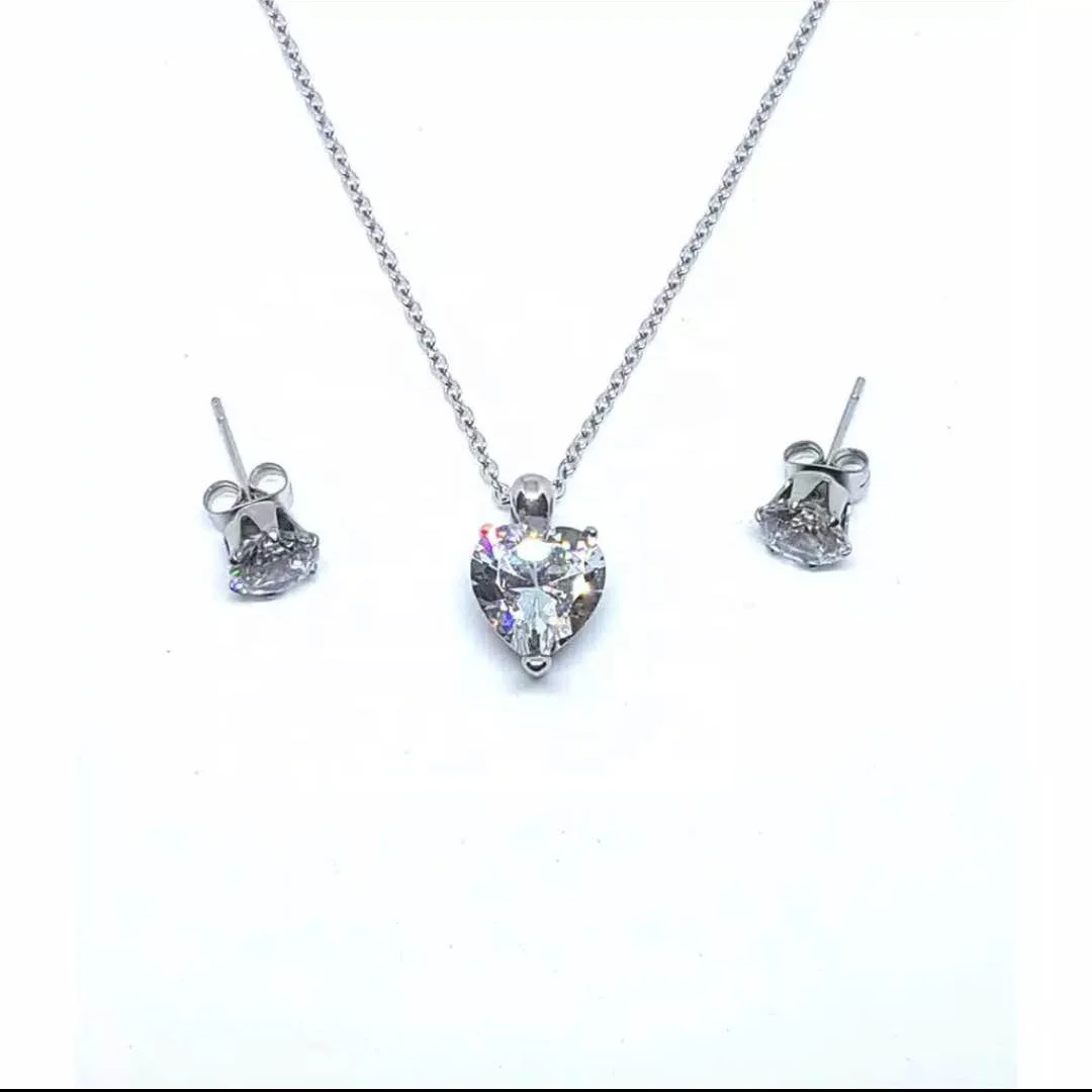 

Jewelry Set Stainless Steel CZ Zircon Heart Pendant Necklace Stud Earring Set With Prong Setting