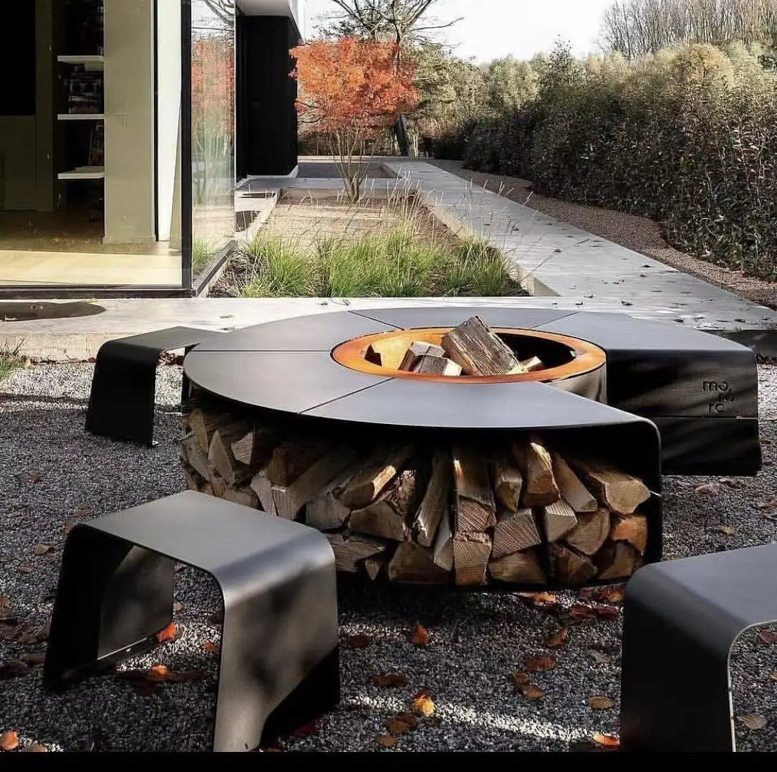 

Zhuoyue fire pit corten with wood storage stand, Outdoor smokeless fireplace / fire pot, Natural rust