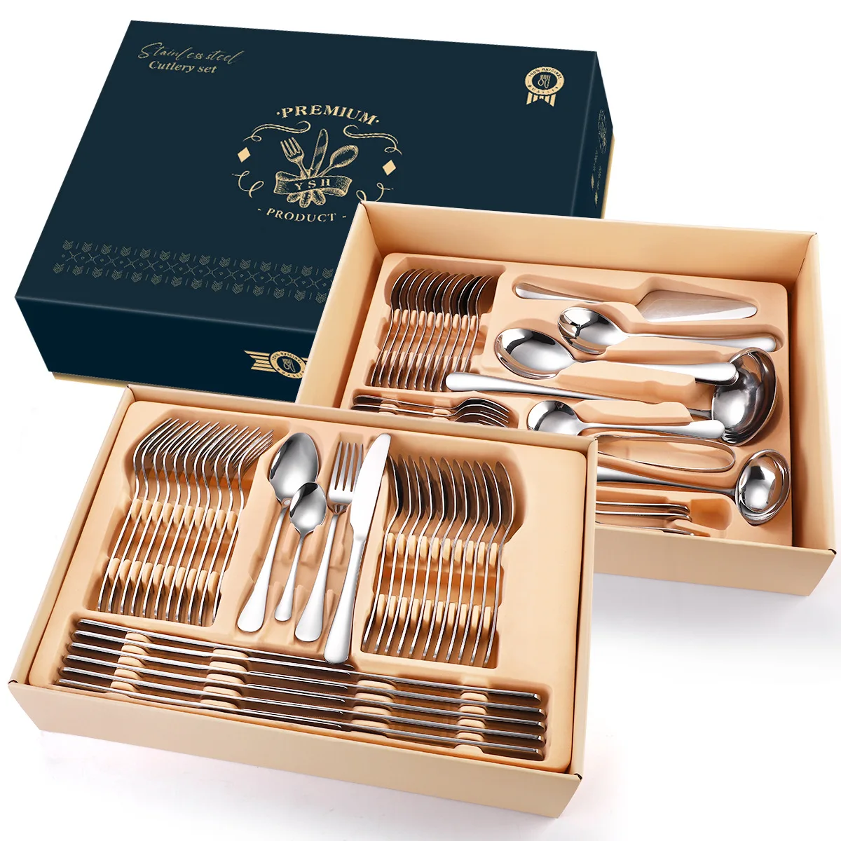 

1010 series stainless steel tableware 72 sets gift box gold plated carved steak knife and fork set