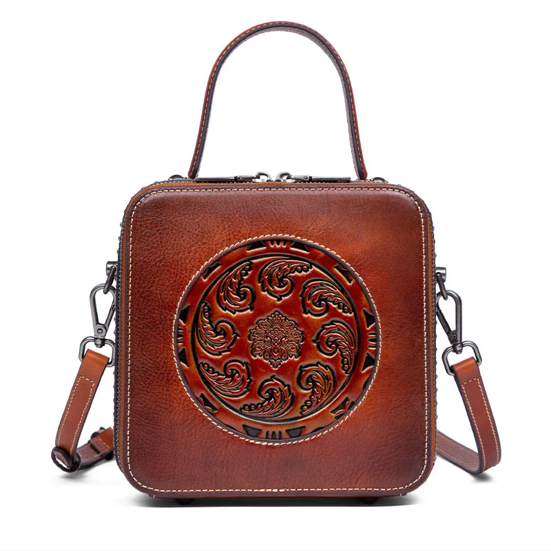 

New Arrival Square Embossed Flower Luxury Hand Bags Mini Genuine Leather Handbags For Women, Red, brown, gray