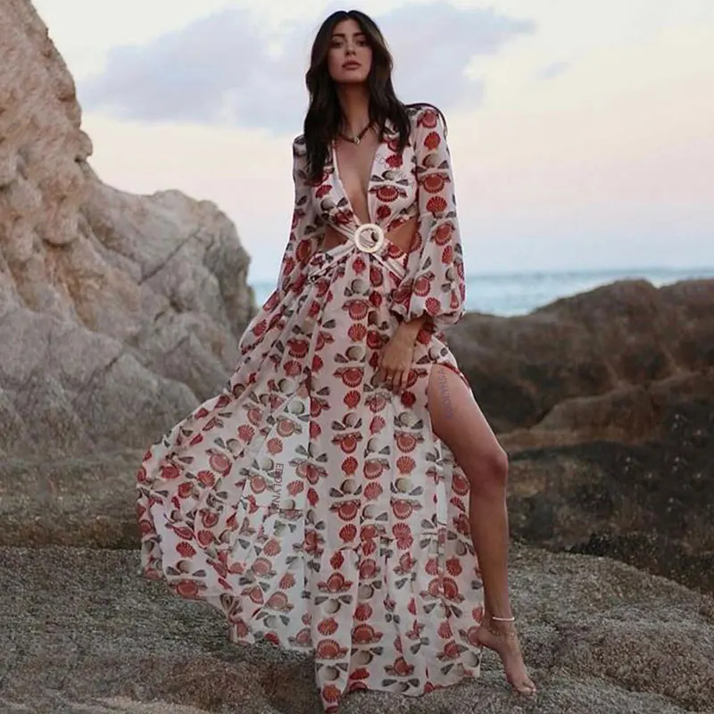 

Vintage Shells Print Bikini Cover-ups Sexy Cross Open Back Long Sleeve Summer Dress Women Beach Wear Maxi Dresses Party Wear