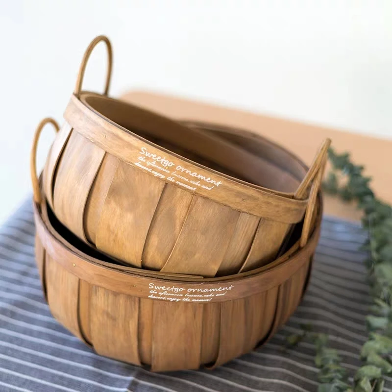 Round Wooden Bushel Basket Hanging Wood Chip Hamper Gift Packing Basket