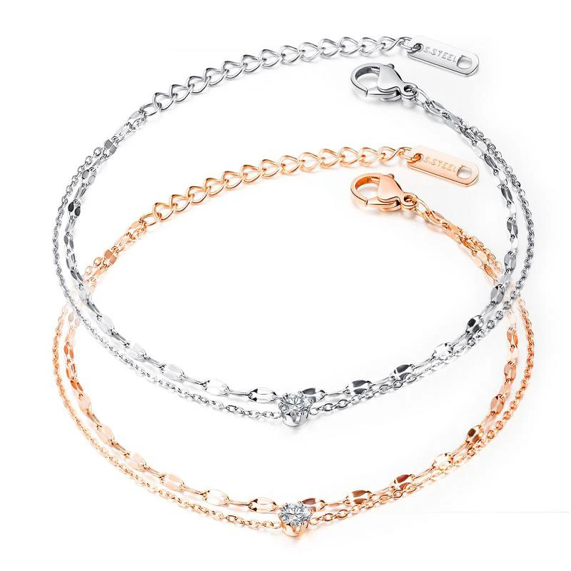 

Stylish double layer zircon stainless steel bracelet rose gold lady titanium steel bracelet (SK1248), As picture