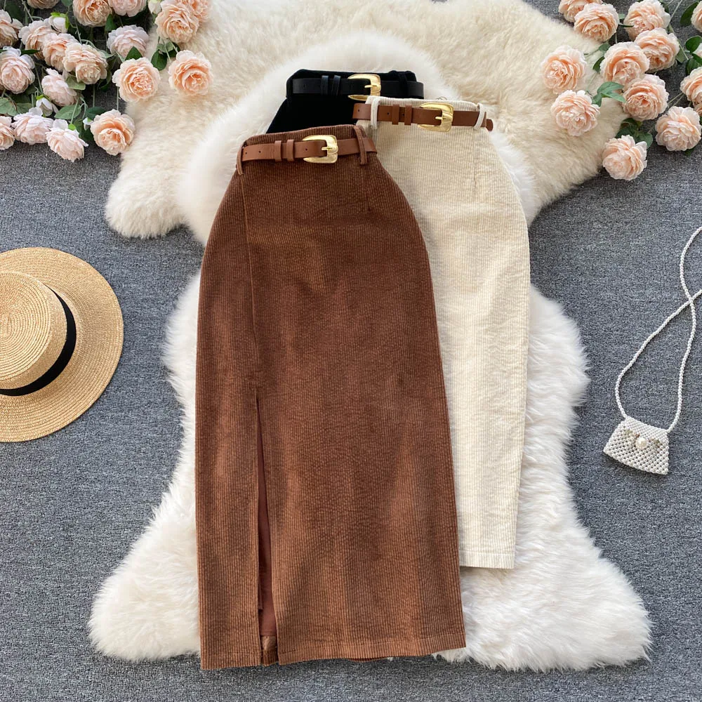 

Korean Style Corduroy Slit Skirt Belt High Waist Wrap Skirt Elegant Women Slim Midi Skirt