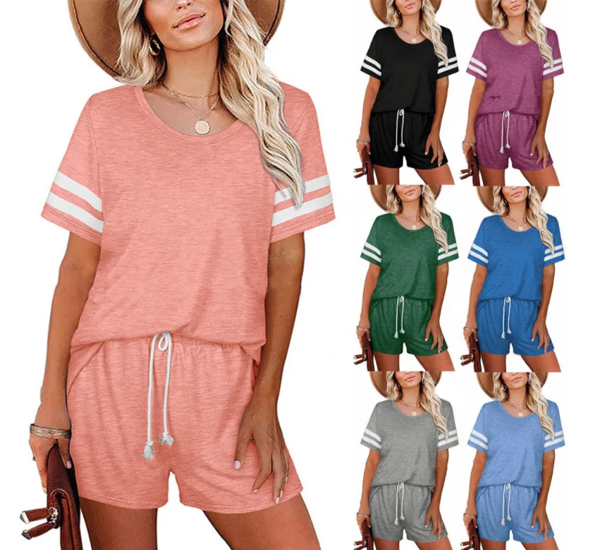 

2021 wholesale trend striped crew neck short sleeve 2 pieces set summer
