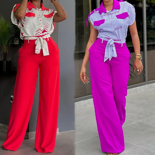 

GX6883 Fashion Spring Summer Women Clothing Boutique Casual Short Sleeve Printed Shirt and Wide Pants 2 Piece Set