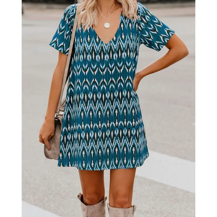 

PEARL Hot Sell Summer Short Sleeve Deep V Neck Printed Loose Woman Casual Dress 2021 Dresses Women Lady