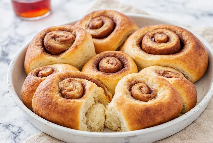 Close-up of perfectly swirled cinnamon bun with visible cinnamon layers and golden crust