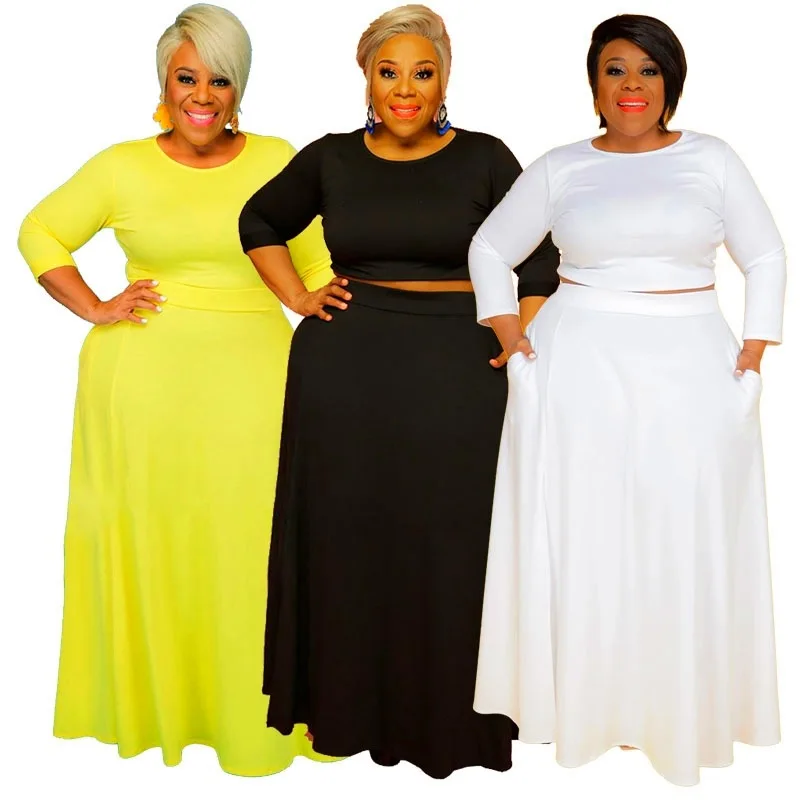 

Women 2021 Spring Fall Fashion Plus Size Casual Solid Plain Long Sleeve Cropped Top Two Pieces Maxi Skirt Set, White,yellow,black