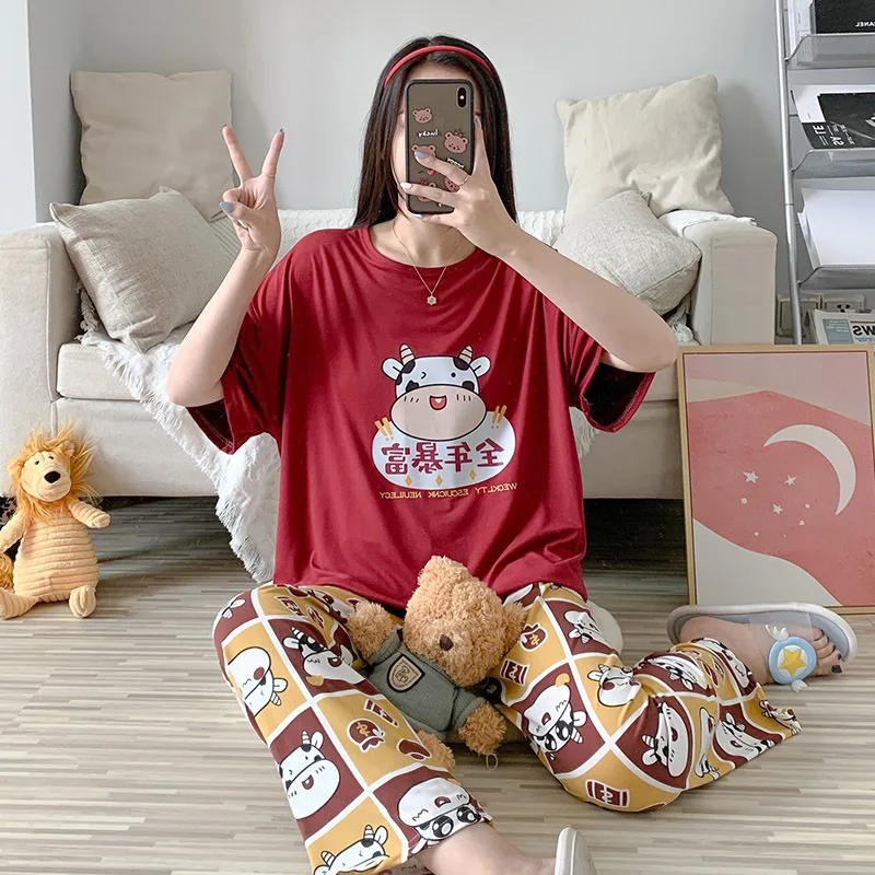 

Wholesale Summer Fashion Cute Home Sleep Wear Korean Ladies Short Sleeve Shorts Milk Silk Pajamas Women Sets Cotton Sleepwear, Customized color