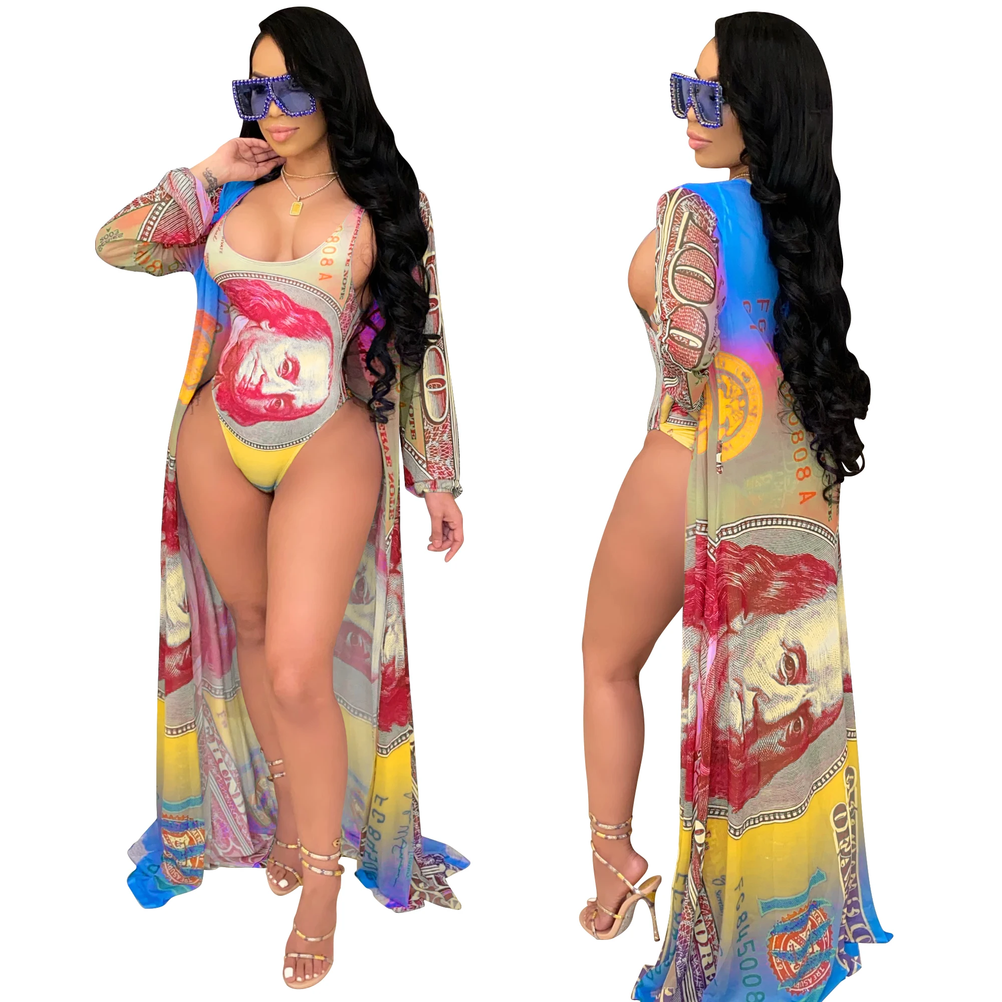 

2021 Spring Money Print Long Coat Casual Outfits Sexy Jumpsuit Bikini Set Women Clothing Two Piece Bikini, Rose, blue, red