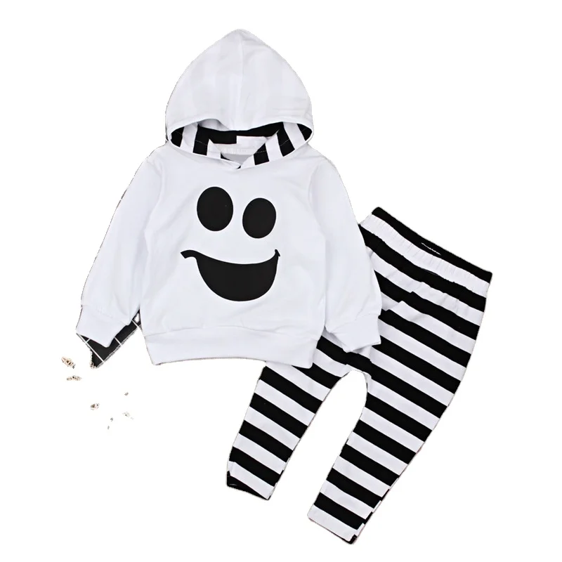 

2464 Spring Fall Baby Halloween Outfits Clothes Cartoon Print Hooded T-shirt Tops+Stripe Loose Pants Toddler Girls Clothing Set, Picture shows