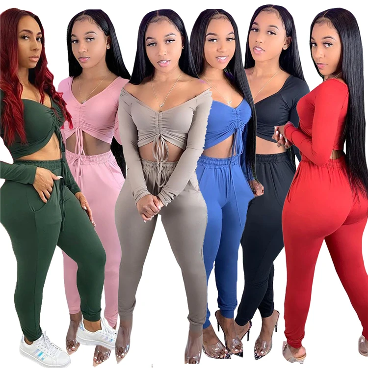 

D96533 High Quality Fashionable casual solid color Lady Clothes 2021 Outfits Fashion Two Piece Set Women Clothing