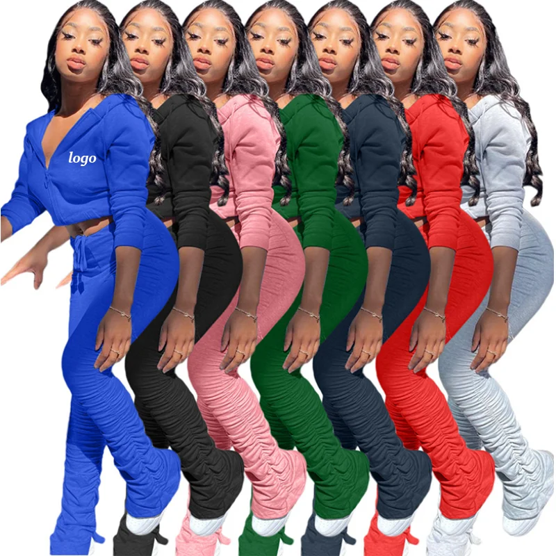 

Best Selling No MOQ 2021 Women Fashion Clothing Solid Color Two Piece Stacked Fall Hoodie Set